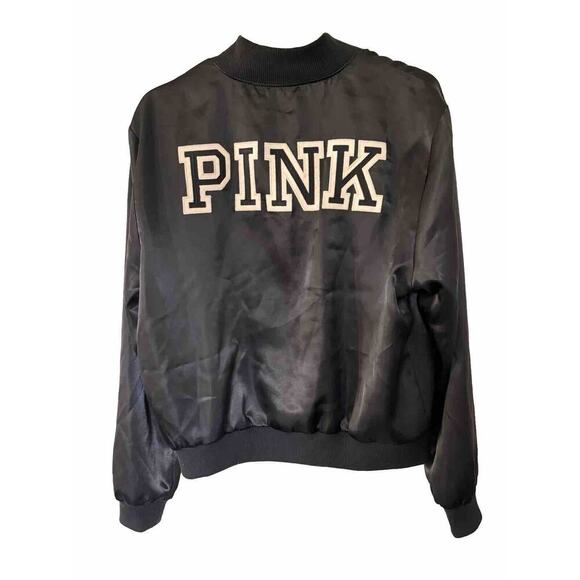 PINK Victoria's Secret Jackets & Blazers - Victoria Secret Satin Pink Jacket Black Size Small Snap up Silky Varsity Elastic